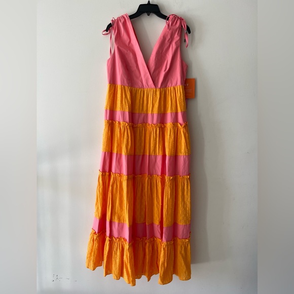 LDT Daphne Tie Shoulder Tiered Color Block Surplice V-Neck Drawstring Maxi Dress - Picture 5 of 11